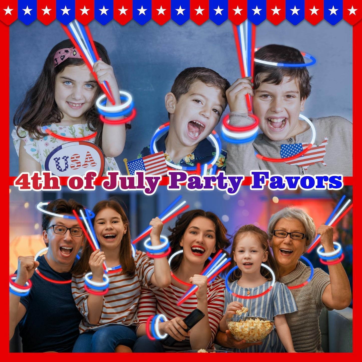 Bulk Patriotic Red White Blue glow sticks 300 PCS,Light up Bracelets Necklaces Accessories for Kids,Glow Party Favors Supplies Decorations for Independence Day, Fourth 4 of July Parade, Birthday, Pool