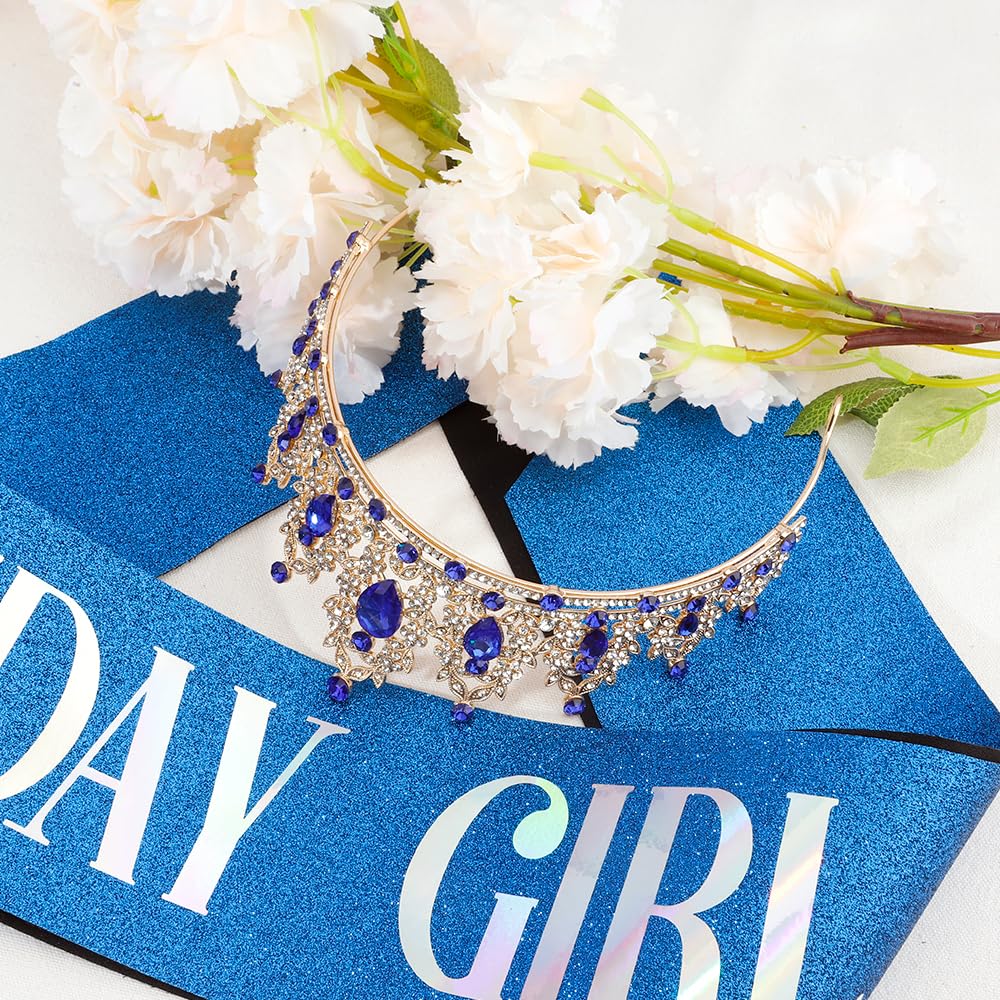 Silver Birthday Crown Headband with Sash for Women - Rhinestone Tiara for Birthday Parties