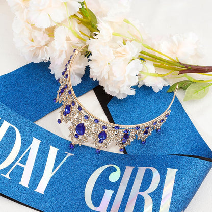 Silver Birthday Crown Headband with Sash for Women - Rhinestone Tiara for Birthday Parties