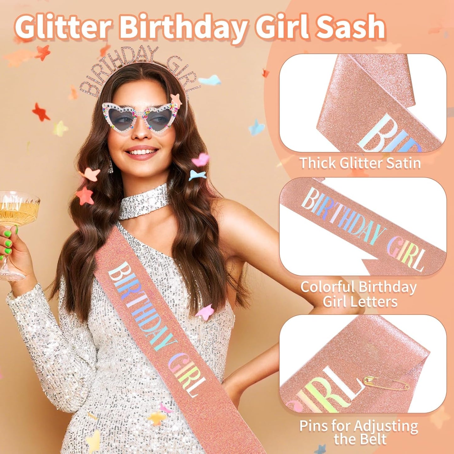 3Pcs Birthday Girl Sash Headband Set-Birthday Sash Tiara and Crown Sunglasses for Girls Women