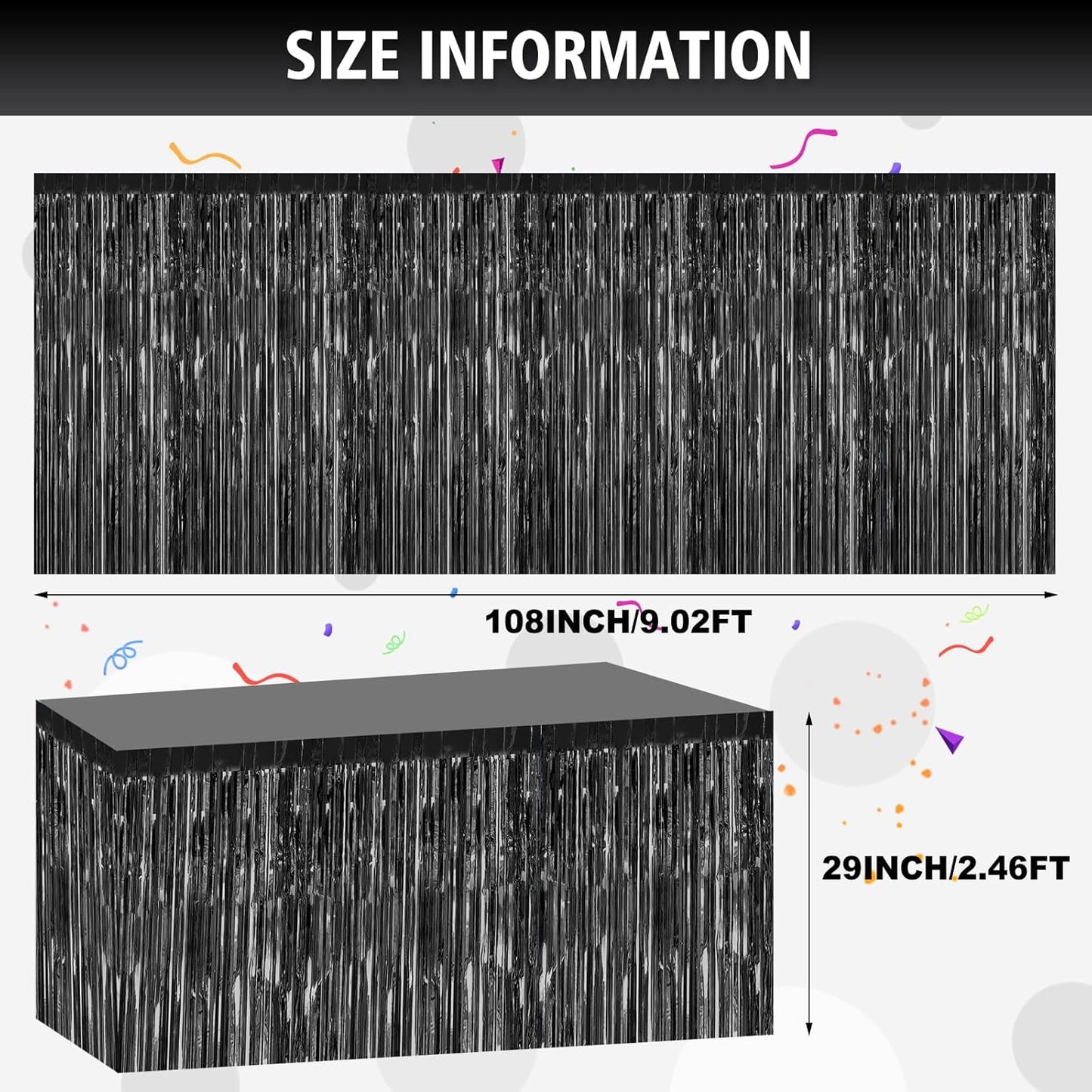 2 Pack 29.5x108 Inch Silver Foil Tinsel Fringe Table Skirts, Disposable Table Skirts for Rectangle Tables Curtains Backdrop Parade Wedding Floats Baby Shower Birthday Mardi Gras Party