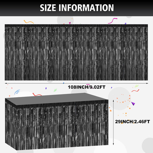 2 Pack 29.5x108 Inch Silver Foil Tinsel Fringe Table Skirts, Disposable Table Skirts for Rectangle Tables Curtains Backdrop Parade Wedding Floats Baby Shower Birthday Mardi Gras Party