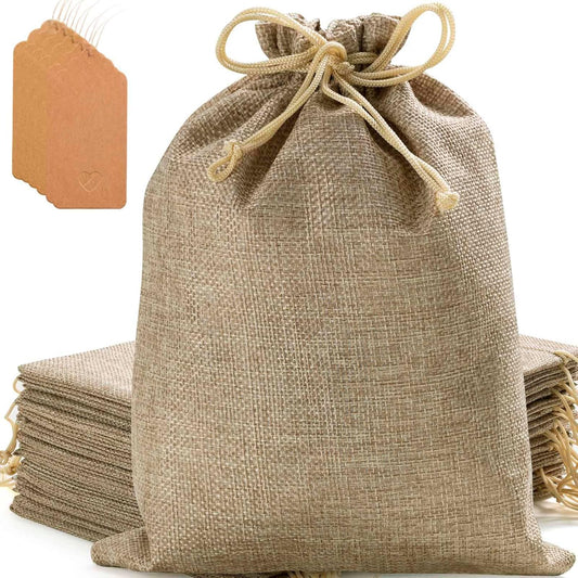 Homum 25Pcs Premium Burlap Gift Bags with Drawstring and 25Pcs Gift Tags & String, 4x6 Inch Reusable Gift Burlap Linen Sacks Bag for Wedding Favors Party Jewelry Pouches, Christmas, Coffee, DIY Craft