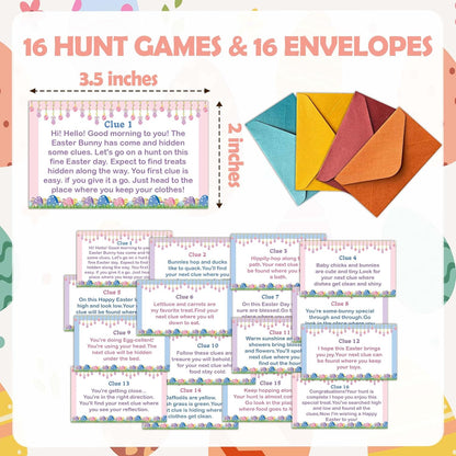Rainfly Easter Scavenger Hunt, Indoor Clue Card Games, Bunny Treasure Hunt Clues Cards, Easter Party Games for Family Adults, Holiday Party Activities Supplies (16 Clues Cards With Envelopes) -A01