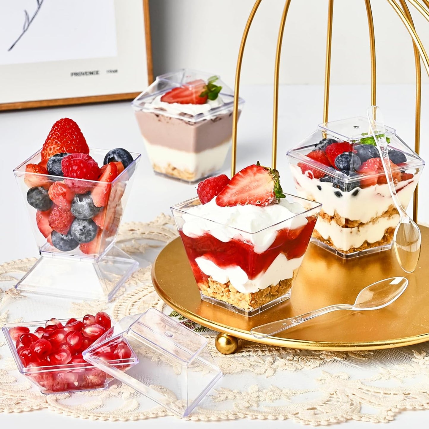 TOFLEN 50 Pack 5 oz Plastic Dessert Cups with High Lids for Party, Mini Dessert Cups with Spoons Dessert Shooter Cups for Yogurt Parfait, Appetizer, Pudding, Fruit and Ice Cream