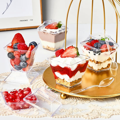 TOFLEN 50 Pack 5 oz Plastic Dessert Cups with High Lids for Party, Mini Dessert Cups with Spoons Dessert Shooter Cups for Yogurt Parfait, Appetizer, Pudding, Fruit and Ice Cream