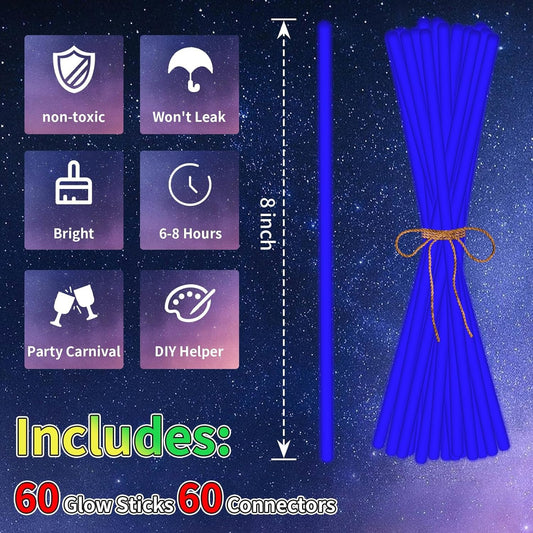 60 Pack 8” White Glow Sticks Bulk with 60 Connectors Neon Glow In The Dark Party favors Supplies for Holiday Birthday Party Decoration (White)