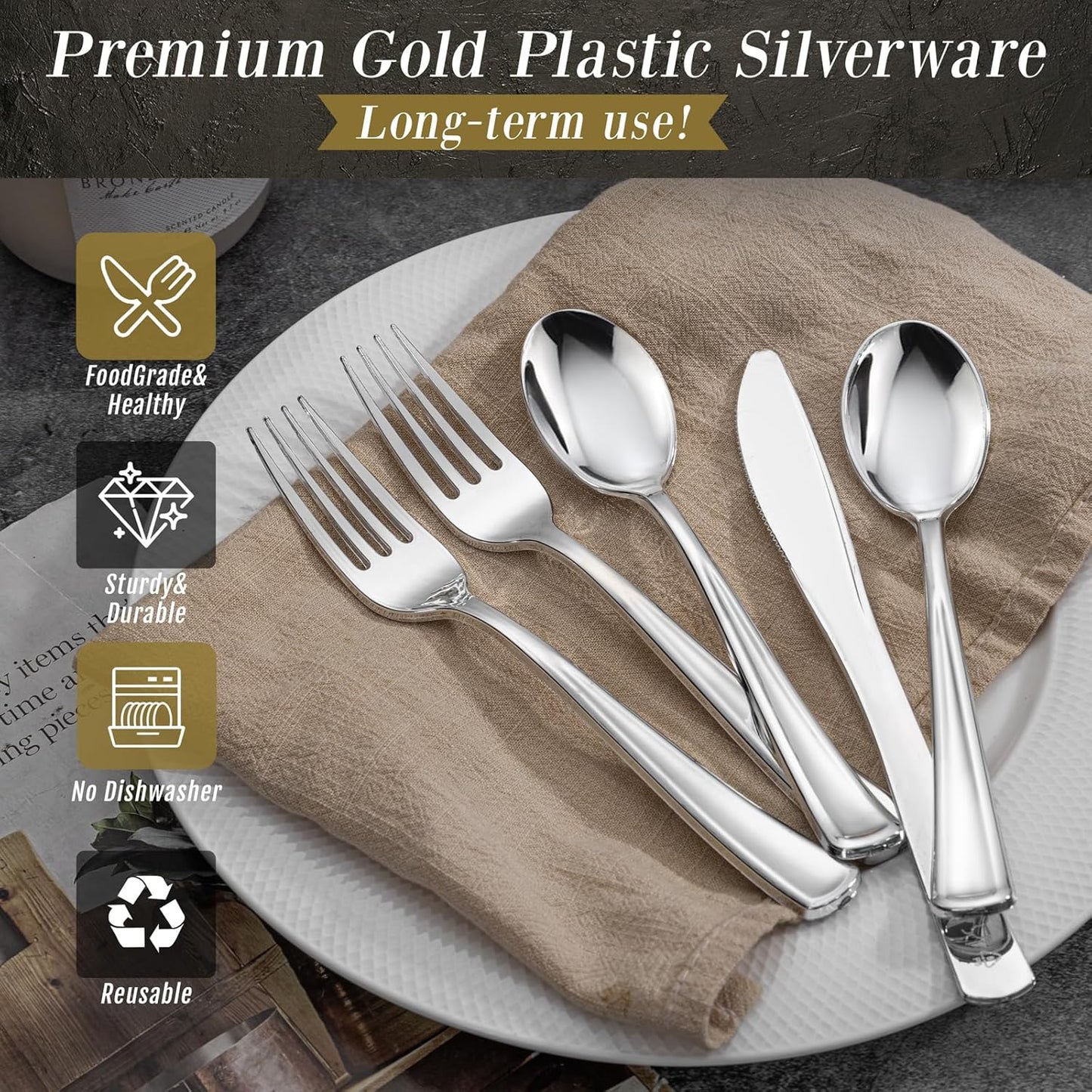 WDF300 Pieces Gold Plastic Silverware - Heavy Duty Disposable Cutlery Set Plastic Gold Silverware Set Includes 100 Forks, 100 Spoons, 100 Knives for Party Baby Shower Wedding Spring