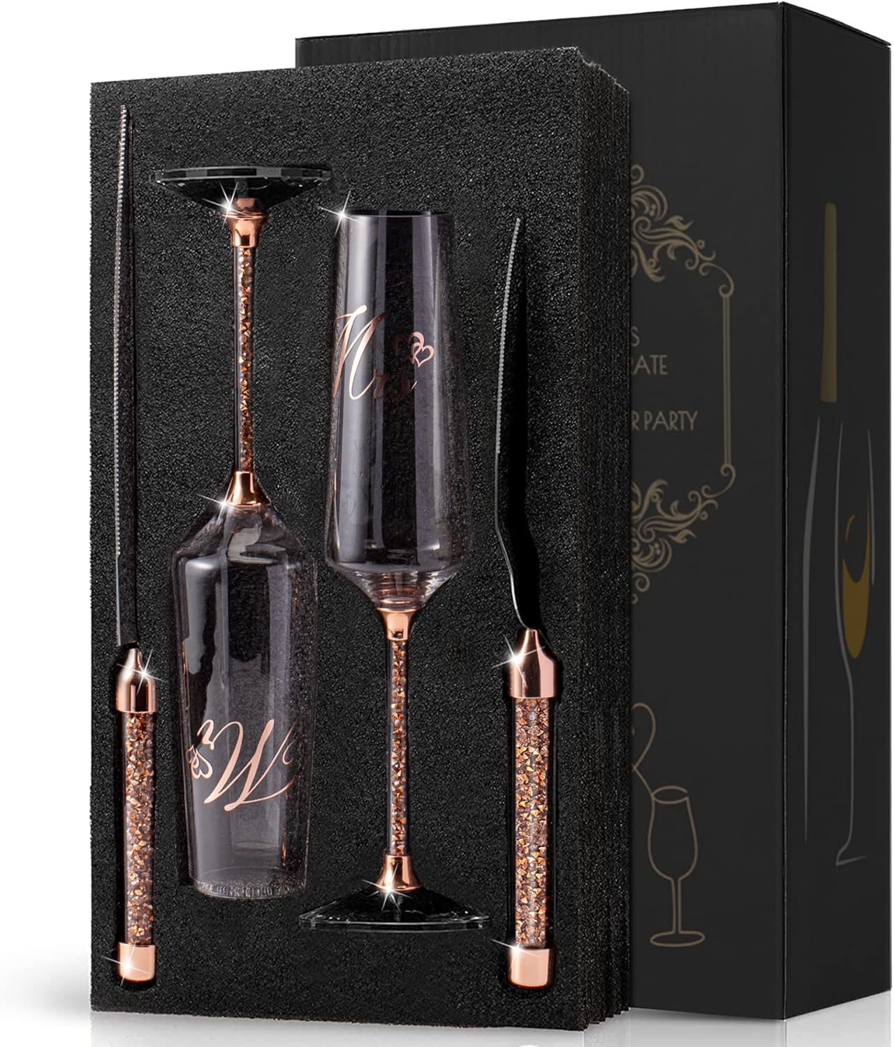 Wedding Cake Knife and Server Set, Mr and Champagne Flutes with Wedding Cake Cutting Set for Bride and Groom Toasting (Clear)
