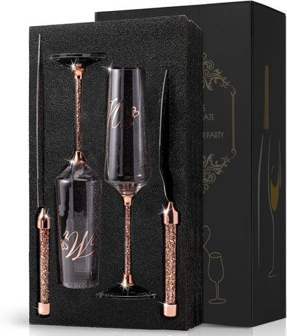 Wedding Cake Knife and Server Set, Mr and Champagne Flutes with Wedding Cake Cutting Set for Bride and Groom Toasting (Clear)