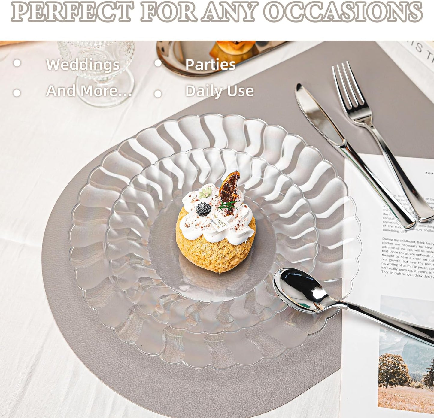 Lullaby 60PCS Ivory Scalloped Plastic Plates with Gold Rim, Disposable Elegant Plates Include 30pcs Dinner Plate 10.25", 30pcs Plastic Dessert Plate 7.5", Perfect for Wedding and Party