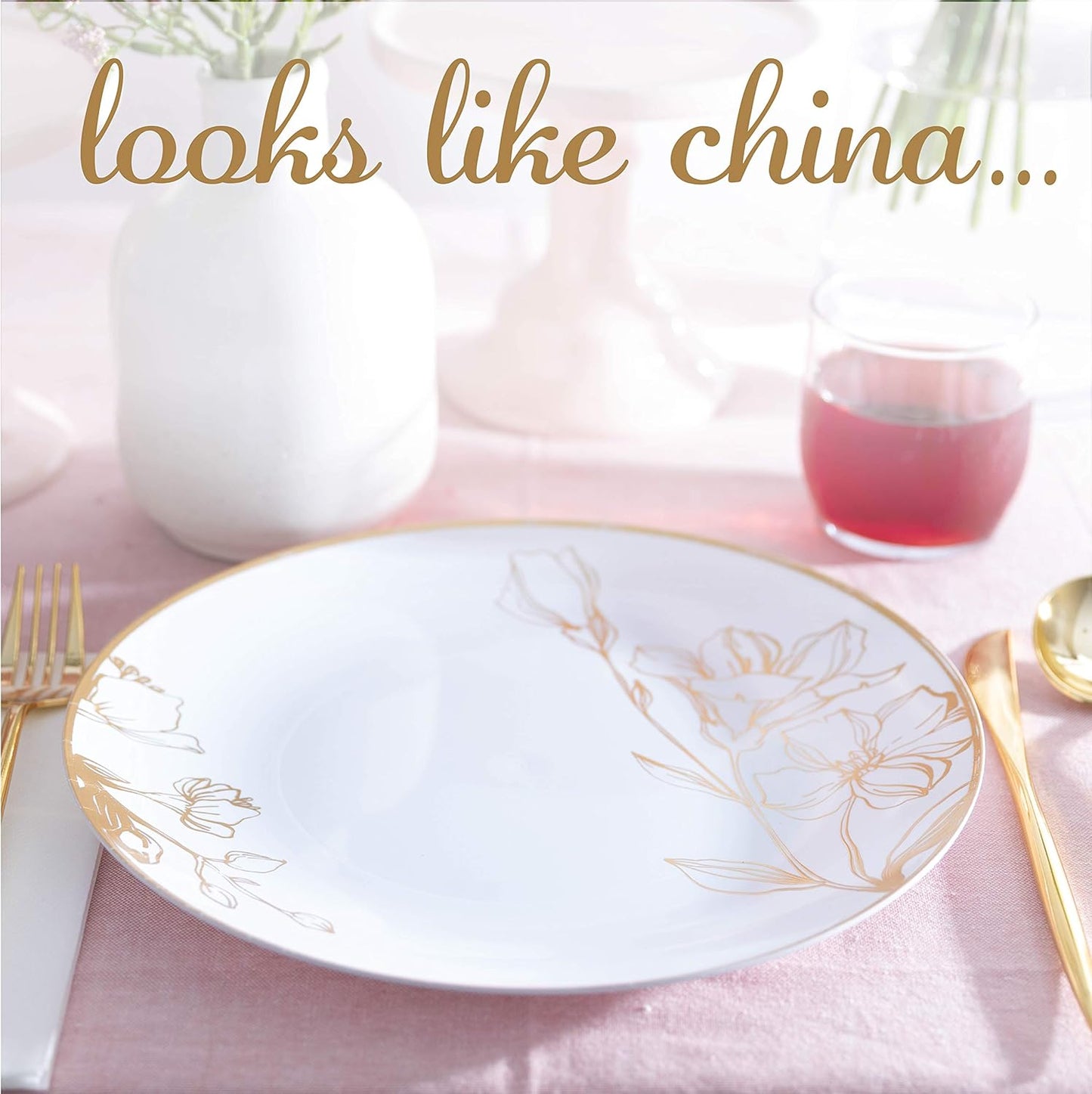 PLASTICPRO [16 OZ 20 Count] White Plastic Floral Design Party Soup bowls With Gold Rim Premium heavyweight Elegant Disposable Tableware Dishes
