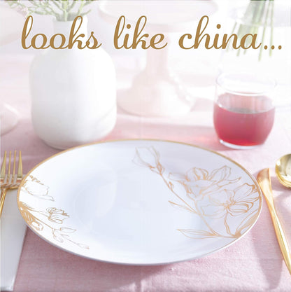 PLASTICPRO [16 OZ 20 Count] White Plastic Floral Design Party Soup bowls With Gold Rim Premium heavyweight Elegant Disposable Tableware Dishes