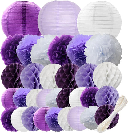 WOLHOWLTD Mermaid Theme Paper Decoration Set - 33 Pcs Paper Lanterns, Pompoms, Honeycomb Decorations for Mermaid Theme, Baby Shower,Wedding Rainbow Birthday Party Home Decoration(Pink Blue Purple)