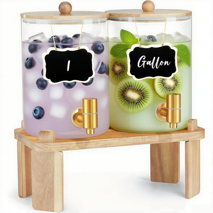 2 Pack Drink Dispenser with Wood Stand, Glass Beverage Dispenser with Spigot and Labels, Glass Water Dispenser for Parties, Lemonade Dispensers for Juice, Tea, and Home Bar Party Drinks (1 Gallon)