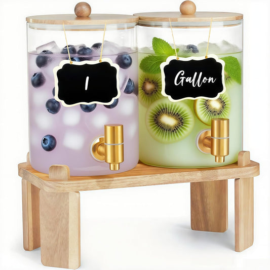 2 Pack Drink Dispenser with Wood Stand, Glass Beverage Dispenser with Spigot and Labels, Glass Water Dispenser for Parties, Lemonade Dispensers for Juice, Tea, and Home Bar Party Drinks (1 Gallon)