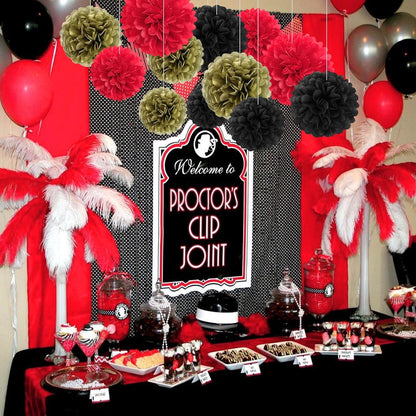 18 PCS Tissue Paper Pom Poms, Tissue Pom Poms Flowers, Sizes of 6", 10", 12", 14" Hanging Paper Flower Ball for Wedding, Birthday, Halloween, Christmas, Baby Shower Party Decor (Red Black Gold)