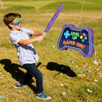 Video Game Piñata, Party Supplies Piñata with Blindfold and Bat Gaming Theme Piñatas for Kids Birthday Party Decorations (Blue)