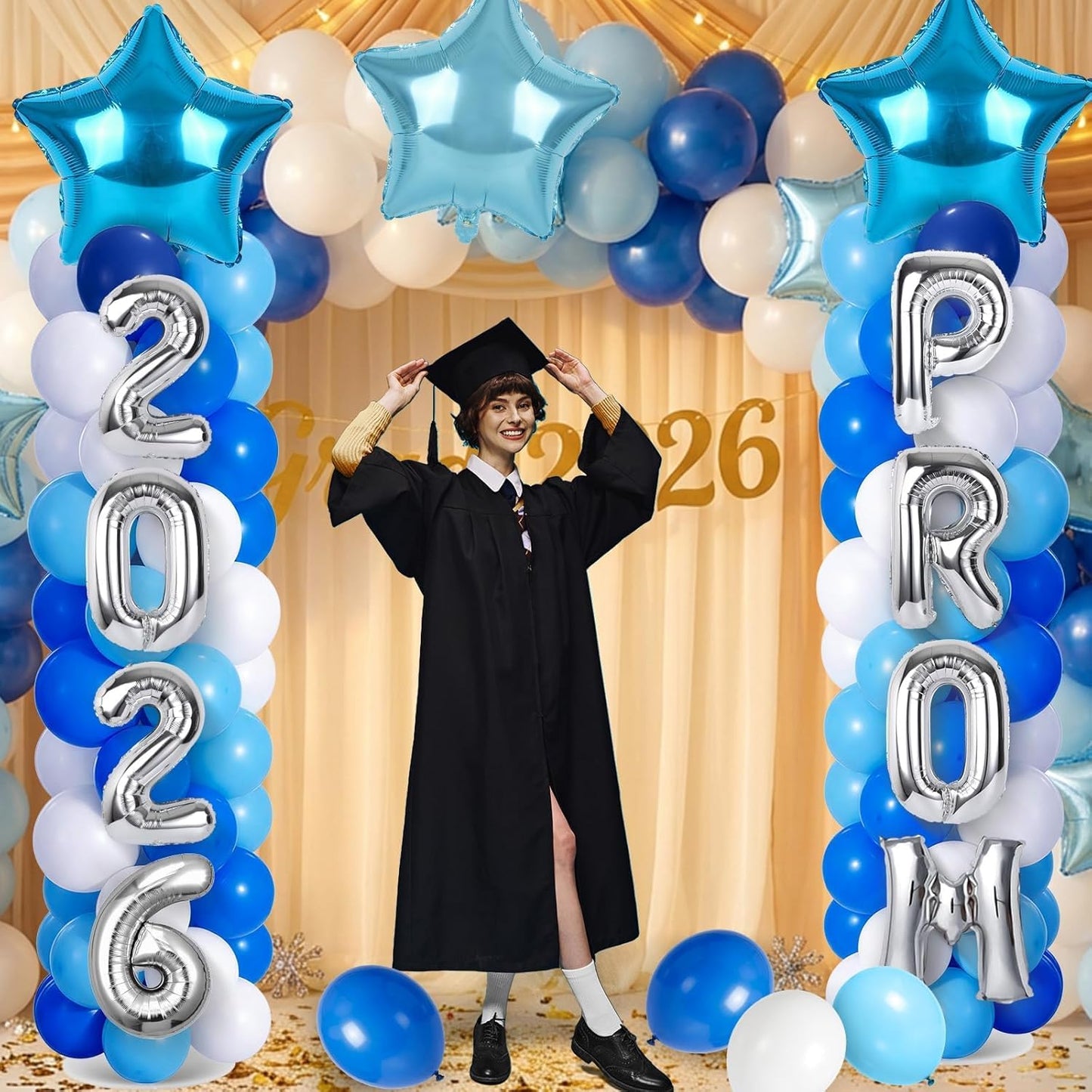 2 Sets Graduation Balloon Column Stand Kits with Balloons 2026 Grad Themed Decoration Navy Blue Balloon Tower Stand Kit for Grad High School & College Celebration Party Decor