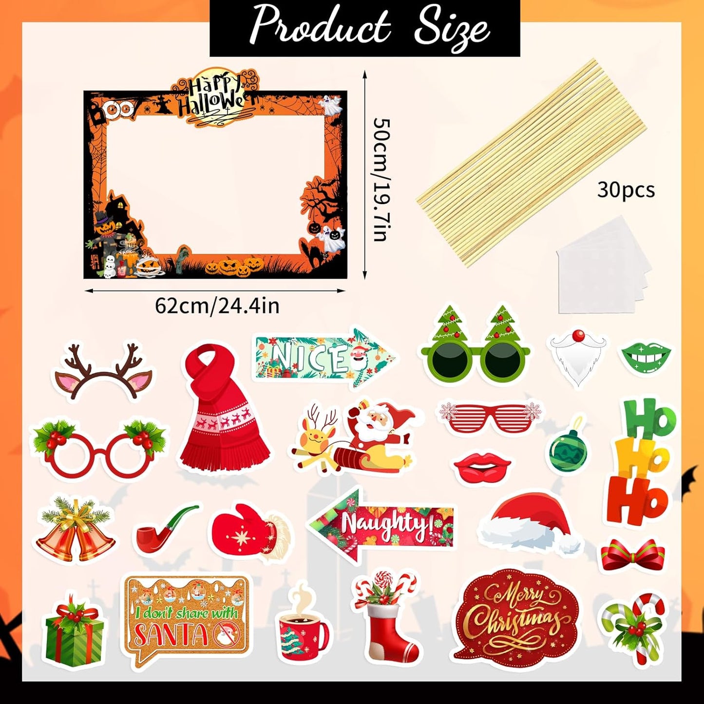 Christmas Photo Booth Props Kit - Large Size Selfie Frame & 24 Pcs Christmas Picture Props for Photoshoot Gift Box, Xmas/Winter/Holiday New Year Party Favors Supplies Jokes Favors