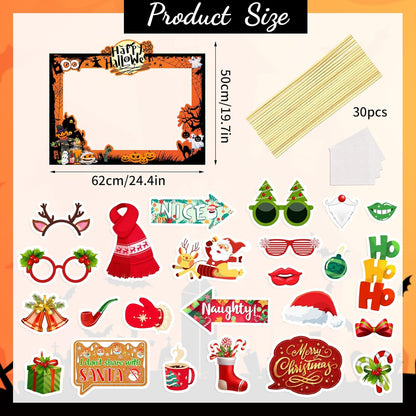 Christmas Photo Booth Props Kit - Large Size Selfie Frame & 24 Pcs Christmas Picture Props for Photoshoot Gift Box, Xmas/Winter/Holiday New Year Party Favors Supplies Jokes Favors