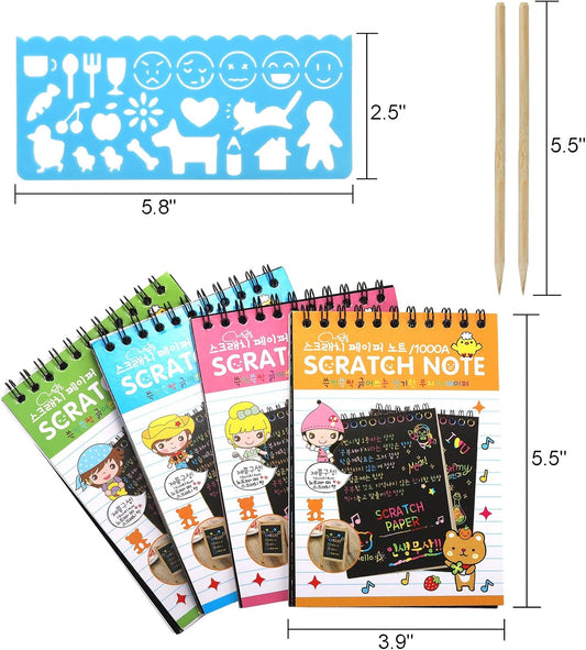 Suwimut 24 Pack Scratch Paper Art for Kids, Scratch Off Notebook Black Coloring Books with 24 Wooden Stylus & 4 Drawing Stencils for Age 4-12 Boys Girls Party Favor Halloween Christmas Birthday Gift