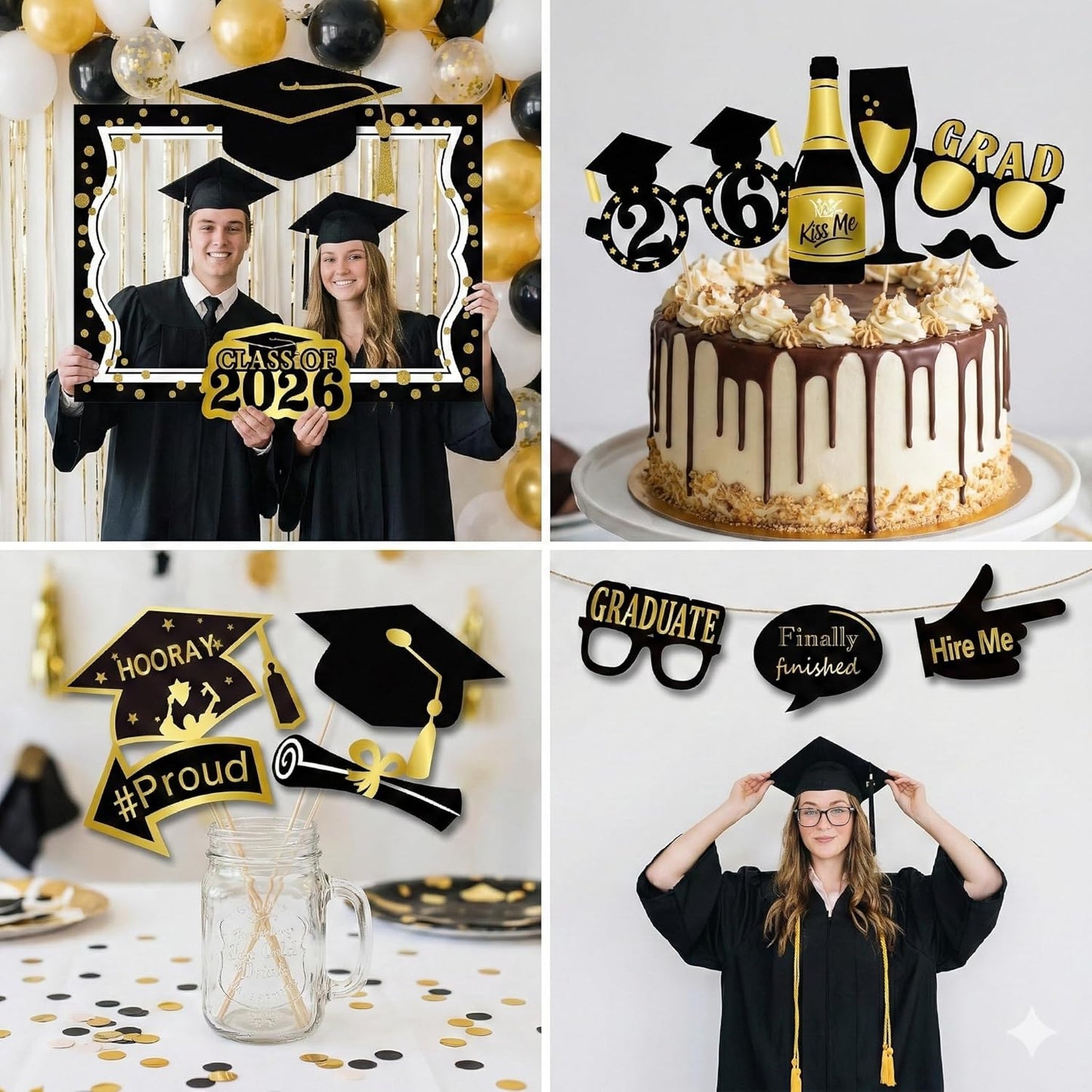 2026 Graduation Selfie Photo Booth Frame Black and Gold with 18Pcs Graduation Photo Booth Props, Upgraded Version with Support Cardboard, 2026 Grad Party Pose Sign