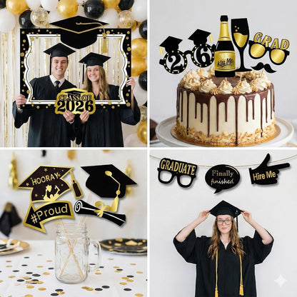 2026 Graduation Selfie Photo Booth Frame Black and Gold with 18Pcs Graduation Photo Booth Props, Upgraded Version with Support Cardboard, 2026 Grad Party Pose Sign