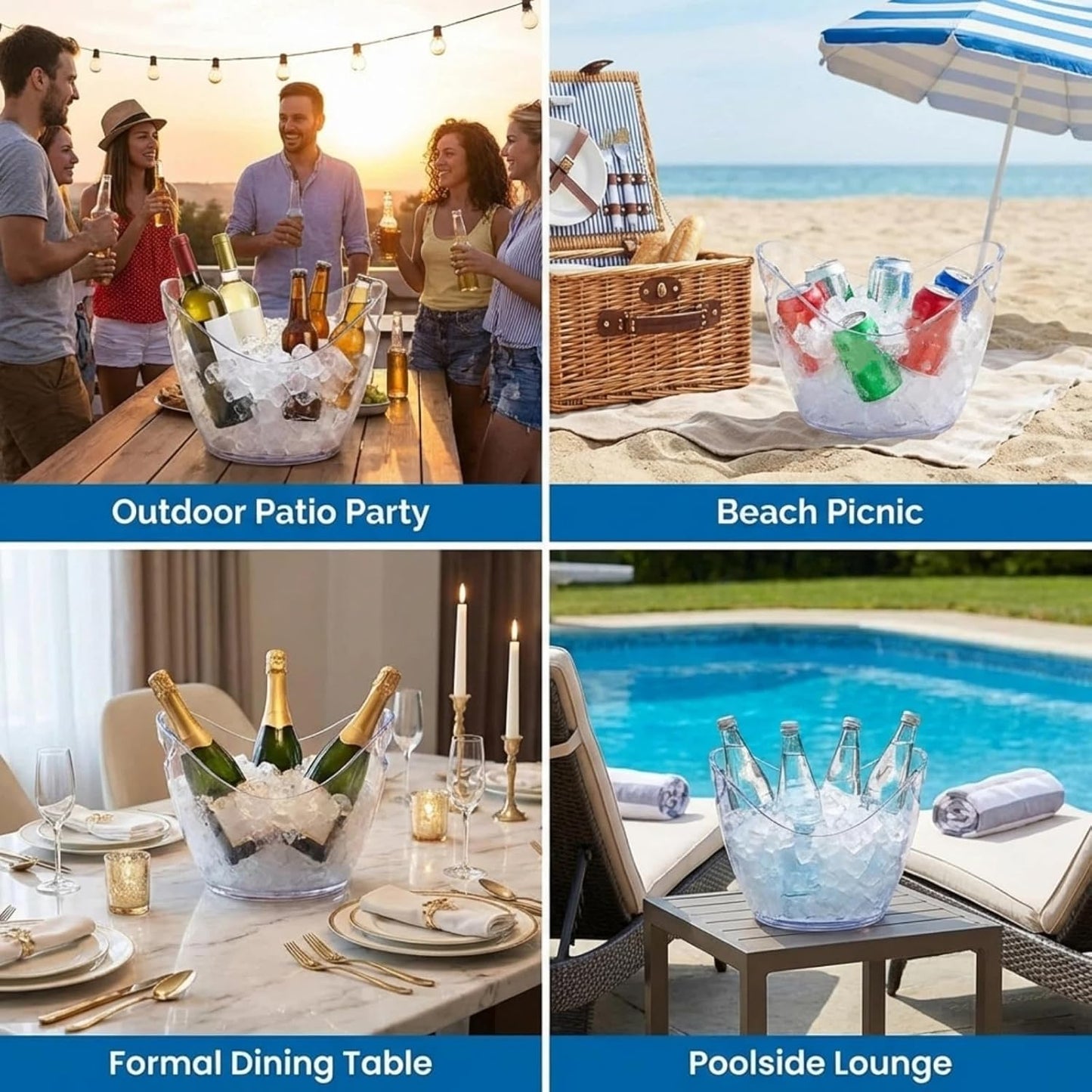 Cunhill 24 Pieces Plastic Clear Ice Bucket with Scoops Clear Acrylic Ice Tub Plastic Wine Bucket Party Beverage Chiller Bin Parties Tub for Wine Champagne or Beer (4 Liters)