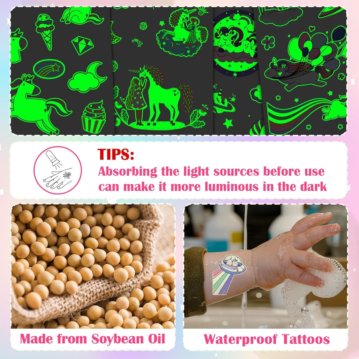 Partywind 380 Styles (30 Sheets) Luminous Tattoos for Kids, Mixed Styles Temporary Tattoos Stickers with Mermaid/Dinosaur/Space/Pirate for Boys and Girls, Glow Party Supplies