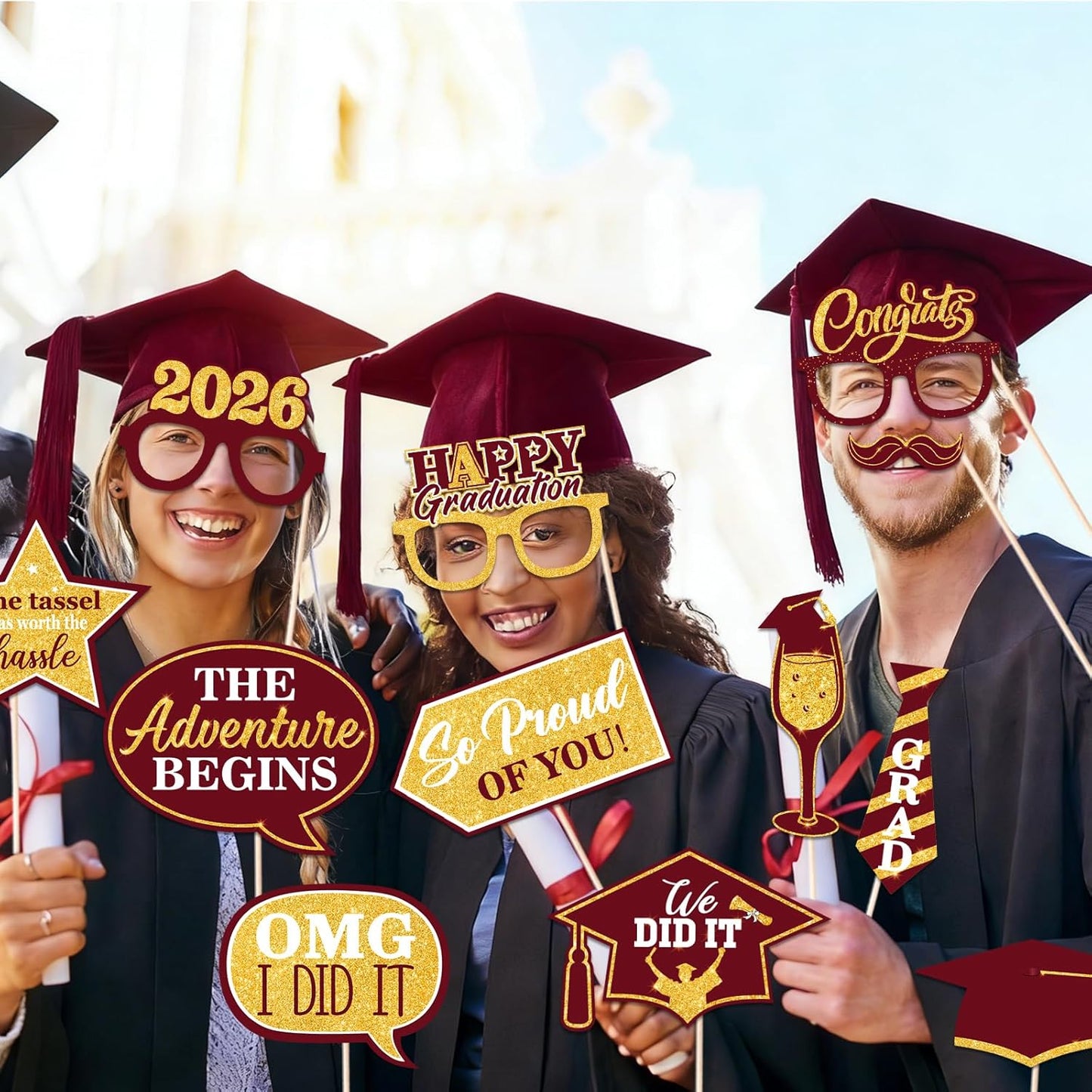 46Pcs Blue Gold Graduation Photo Booth Props 2026 Graduation Decorations with Sticks Class of 2026 Grad Party Favors Supplies for High School & College