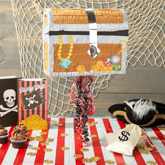 BLUE PANDA Pull String Treasure Chest Pinata - 12 x 10 x 6.5 In, Blue - Pirate Treasure Chest Birthday Pinata & Pirate Party Decoration