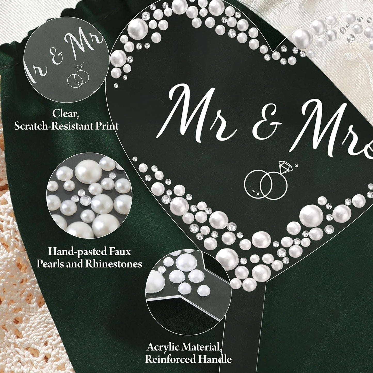 Coucoland Mr and Mrs Cake Topper - Heart Wedding Cake Decor with Rhinestones and Pearls for Engagement Bridal Anniversary