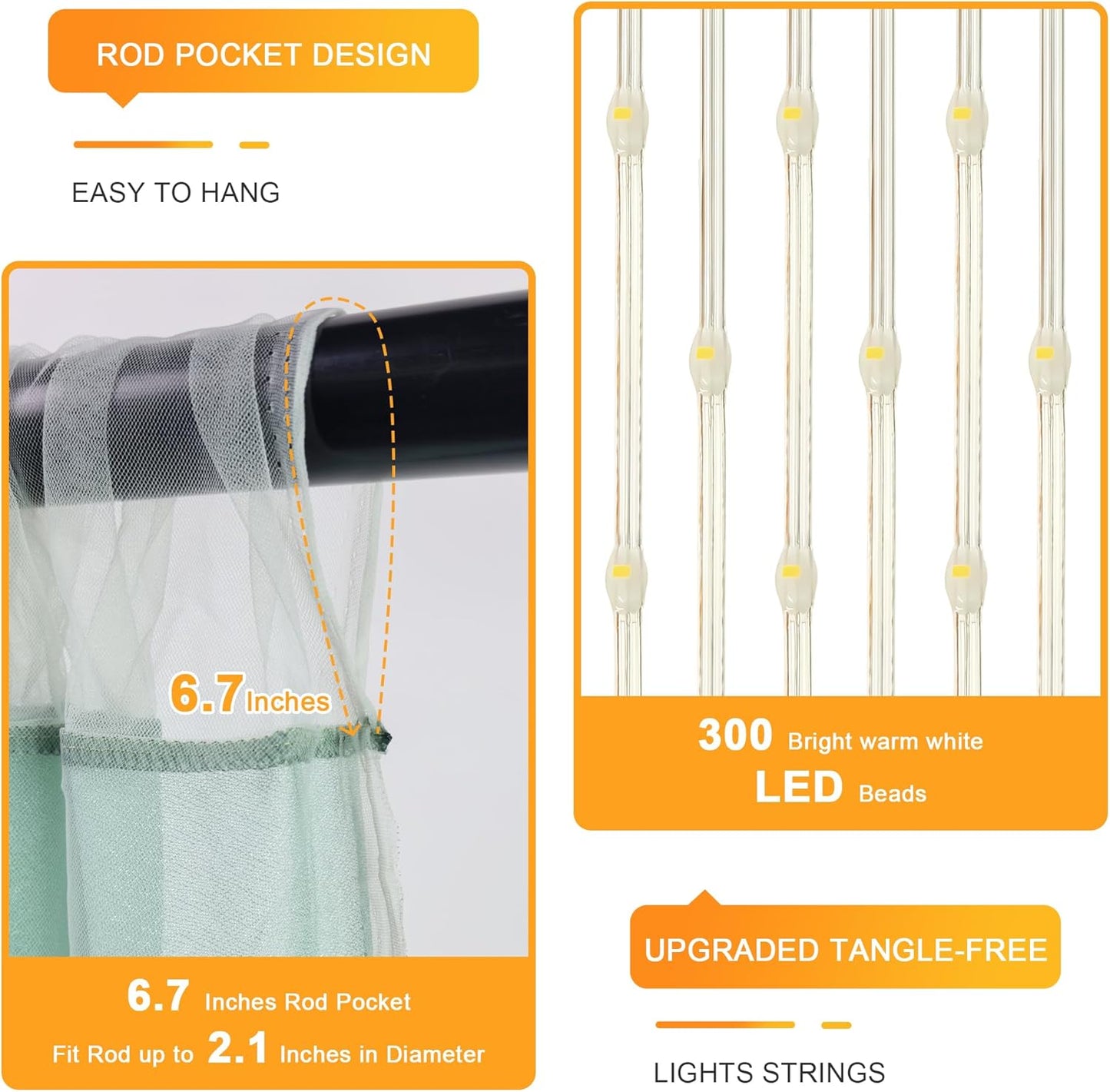Fomcet Tulle Backdrop Curtains with Lights String White 10FT X 8FT Sheer Curtain with Lights Tulle Curtains Backdrop for Wedding Birthday Party Baby Shower Photo Shoot (2 Panels 5x8FT)