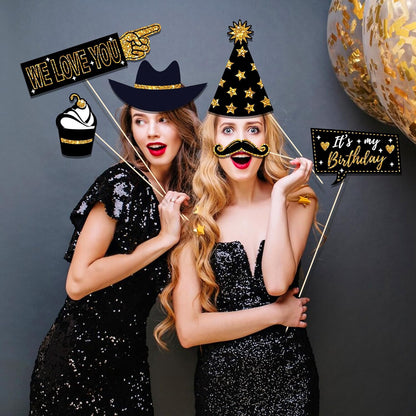 36 PCS Birthday Photo Booth Props Party Supplies Holiday Picture Decorations Photo Booth Props for Birthday Party Favors Pose Sign Kit Fun for Party (Purple and Black)