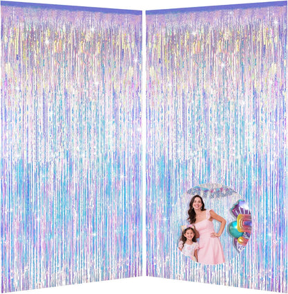 Iridescent Party Decorations Fringe Backdrop, Sparkling Holographic Foil Fringe Tinsel Curtains for Frozen Mermaid Birthday Party Decor - 3.28x6.56ft 2 Packs