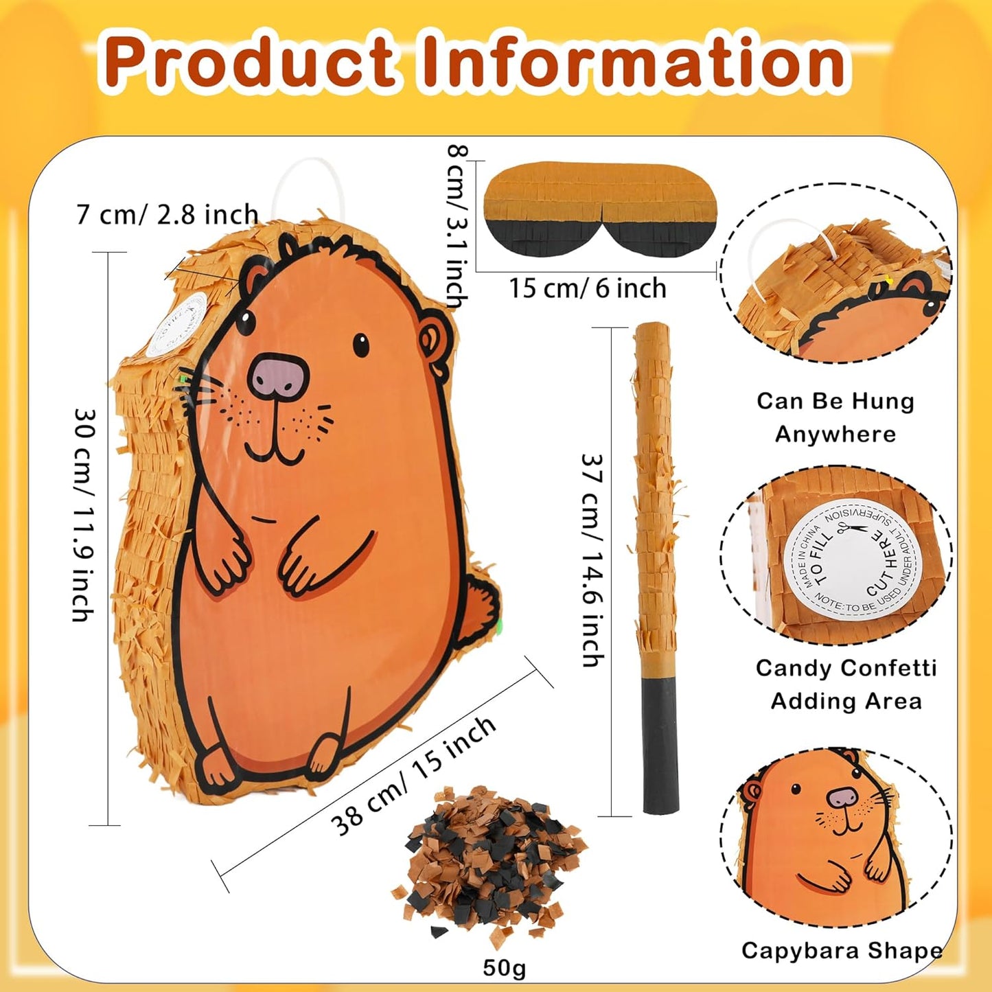15 x 12 x 2.8 Inch Capybara Pinata Set with Cute Capybara Animal Pinata Stick Blindfold Confetti for Adults Kids Birthday Animal Party Game Supplies Favors