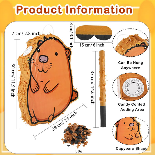 15 x 12 x 2.8 Inch Capybara Pinata Set with Cute Capybara Animal Pinata Stick Blindfold Confetti for Adults Kids Birthday Animal Party Game Supplies Favors