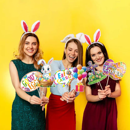Lucleag Easter Photo Booth Props & Frame Banner Set, 30Pcs Cute Bunny Egg Photo Props & 1Pcs Selfie Frame Photos Banner Photo Accessories for Easter Spring Decoration Party Supplies