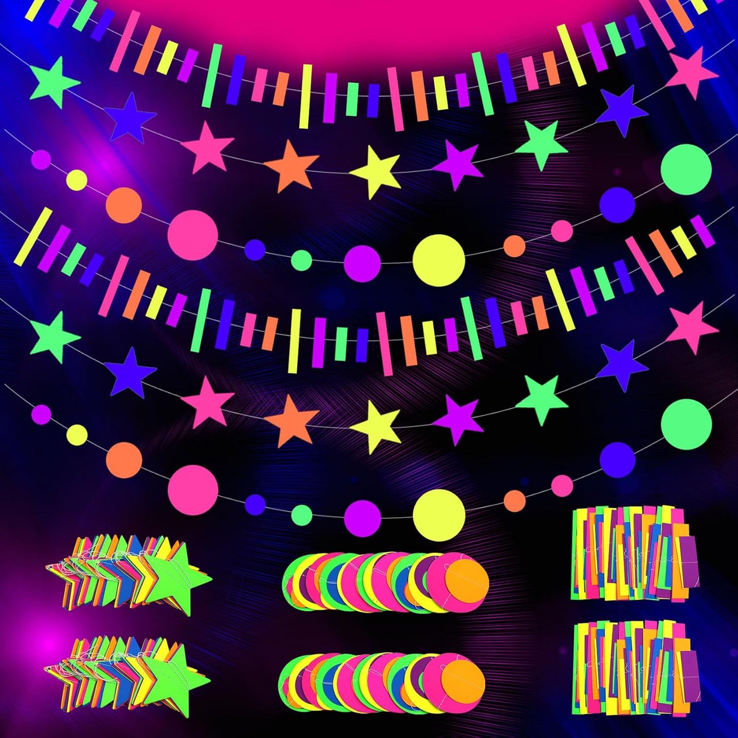 508ft UV Neon Paper Garland Crepe Streamers Glow in The Dark Party Supplies Garland Neon Party Decorations Streamers for Blacklight Reactive Fluorescent Wedding Birthday Party Decorations