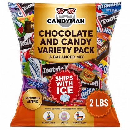 CANDYMAN Bulk Candy Variety Pack - 80+ Pieces, 2 LB Individually Wrapped Chocolate & Candy Mix, Father's Day, Fillers, Piñata Stuffers, Party Favors, Goodie Bags, Father's Day, Ship with Ice