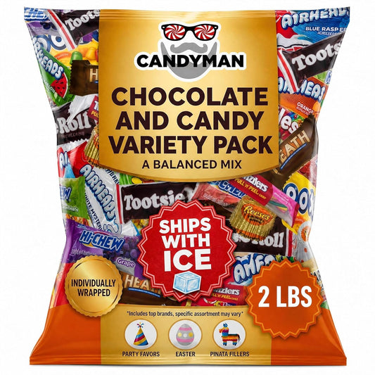 CANDYMAN Bulk Candy Variety Pack - 80+ Pieces, 2 LB Individually Wrapped Chocolate & Candy Mix, Father's Day, Fillers, Piñata Stuffers, Party Favors, Goodie Bags, Father's Day, Ship with Ice