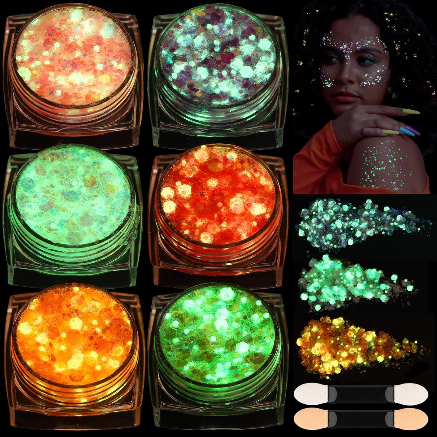 Teenitor 6 Colors Glow in The Dark Glitter Gel, Face Glitter Gel, Body Glitter Hair Glitter for Carnival Makeup UV Black Light Party Cheer Raves Festivals