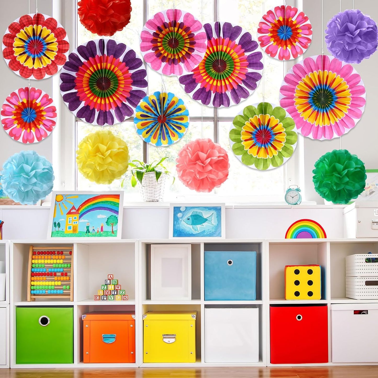 Outus 21 Pcs Spring Flower Hanging Paper Fans Flower Paper Fans Classroom Decorations Springtime Summer Tissue Pom Poms for Ceiling Wedding Birthday Party Supply Classroom Decor(Spring Flower)