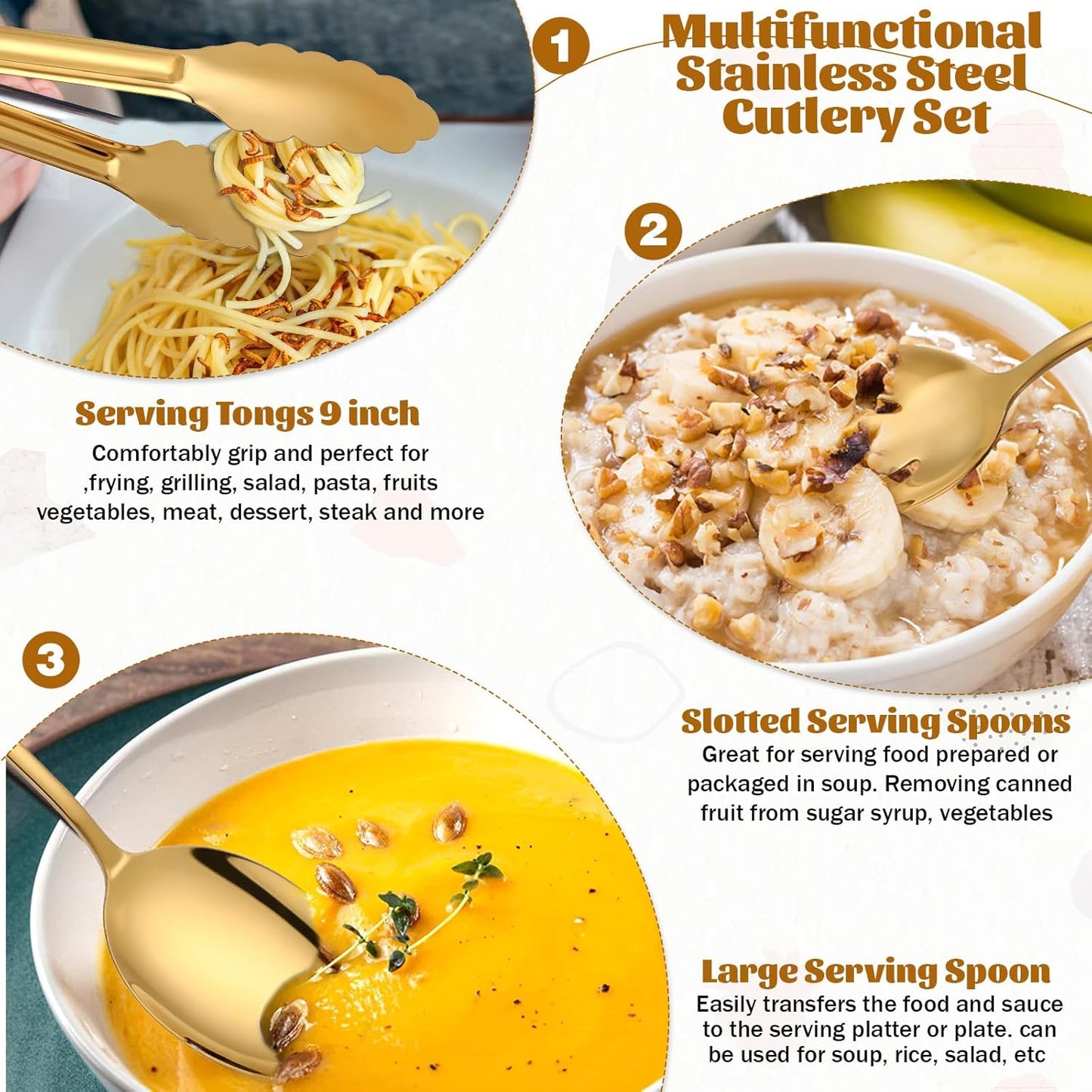 12 PCS Gold Stainless Steel Serving Utensils, Large Serving Spoons Slotted Spoons Servings Tongs Appetizer Tongs Polished Gold Servings Utensils Set for Buffet Catering Banquet Party