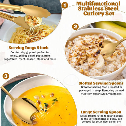 12 PCS Gold Stainless Steel Serving Utensils, Large Serving Spoons Slotted Spoons Servings Tongs Appetizer Tongs Polished Gold Servings Utensils Set for Buffet Catering Banquet Party