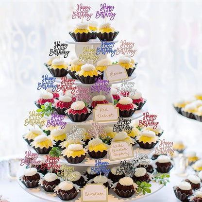 24 PCS Happy Birthday Cupcake Toppers Glitter Picks for Celebrating Anniversary Theme Party Cake Decorations Supplies Gold