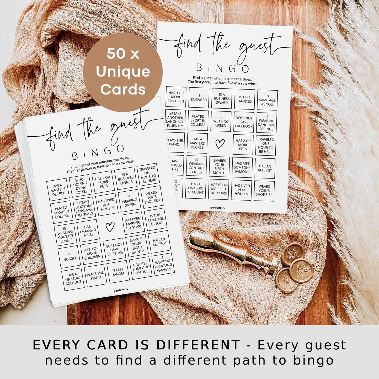 GardenCity Find The Guest Bingo Game Cards, Bridal Shower Games, Baby Shower Bingo Game, Wedding Game, 50 Unique Cards, Minimalist