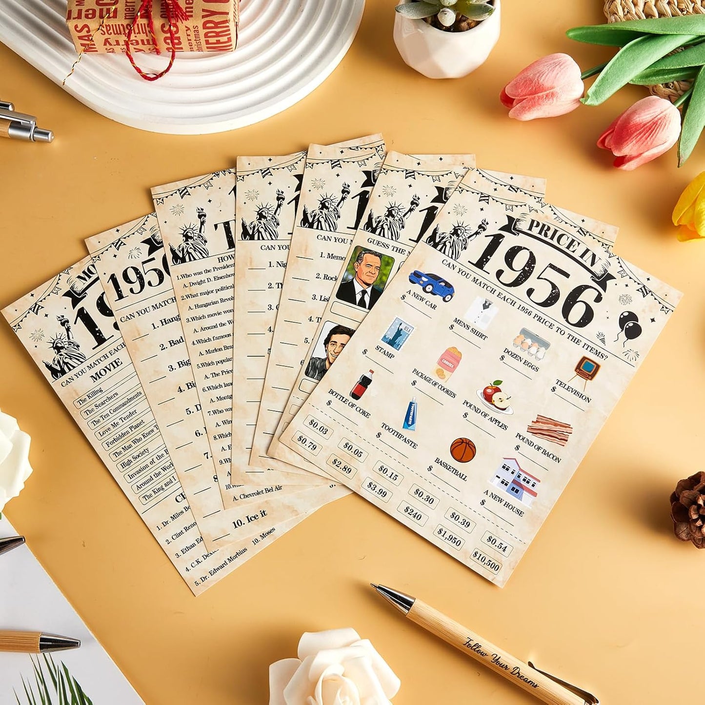 70Pcs 70th Birthday Party Games Born In 1956 Fun 1956 Trivia Music Slang Books Game Double-Sided Game Cards Vintage 70th Birthday Party Supplies for 70 Year Old Activity Anniversary Class Reunion