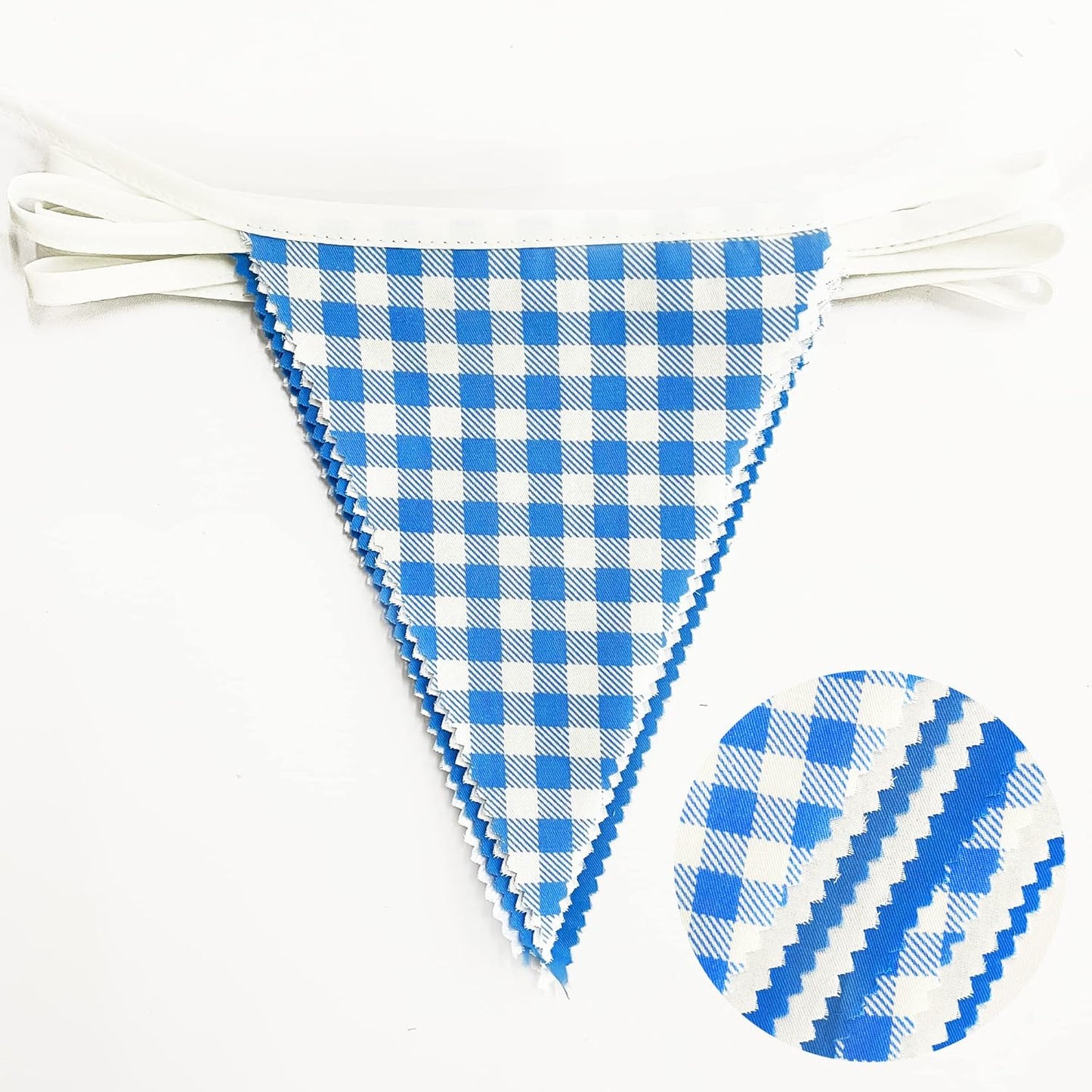 32Ft Dusty Blue Party Decorations Retro Blue Gingham Triangle Banner Flag Pennant Fabric Garland Streamers for Nautical Wedding Birthday Ahoy Achor Bridal Baby Shower Under The Sea Decor Supplies